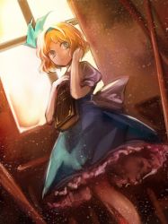 Rule 34 | 1girl, alice margatroid, alice margatroid (pc-98), blonde hair, blue dress, blue eyes, book, dress, female focus, frilled skirt, frills, grimoire, grimoire of alice, hairband, hand in own hair, holding, holding book, kozou (soumuden), one-hour drawing challenge, open mouth, puffy sleeves, ribbon, short hair, short sleeves, skirt, solo, touhou, touhou (pc-98), window, aged down