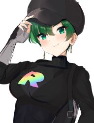 Rule 34 | 1girl, backpack, bag, black hat, black jacket, blush, breasts, cabbie hat, closed mouth, cosplay, creatures (company), earrings, female focus, fingerless gloves, fire emblem, fire emblem: the blazing blade, game freak, gloves, green eyes, green hair, grey gloves, hat, highres, jacket, jewelry, large breasts, long hair, long sleeves, looking at viewer, lyn (fire emblem), matching hair/eyes, nintendo, ormille, pokemon, pokemon usum, ponytail, short hair, simple background, smile, solo, team rainbow rocket grunt, team rainbow rocket grunt (cosplay), upper body, white background