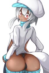 Rule 34 | 1girl, :o, ass, ass curtain, black panties, blue thighhighs, blush, cabbie hat, commentary request, covered erect nipples, cowboy shot, dark-skinned female, dark skin, flat chest, hat, highres, kiwami-chan, kiwami-highlow, long sleeves, looking at viewer, looking back, medium hair, open mouth, panties, red eyes, redrose214, revealing clothes, sidelocks, simple background, solo, textless version, thighhighs, thong, underwear, white background, white hair, white hat