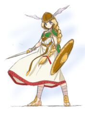 Rule 34 | 1girl, armor, bandaged arm, bandaged leg, bandages, blonde hair, blue eyes, braid, breastplate, brown headwear, closed mouth, dress, frown, full body, green armor, hair ribbon, helmet, holding, holding shield, holding sword, holding weapon, legs apart, long hair, looking at viewer, red ribbon, ribbon, sandals, shield, shinjou satomi, shoulder armor, simple background, single braid, solo, split mouth, standing, sword, valkyrie, valkyrie (vnd), valkyrie no densetsu, weapon, white background, white dress, winged helmet, yellow footwear