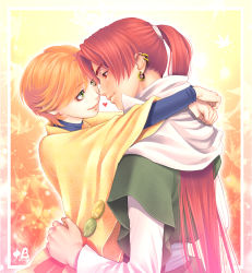 Rule 34 | 1boy, 1girl, arms around neck, blush, couple, ear piercing, earrings, eye contact, facing another, green eyes, hands on another&#039;s hips, harukanaru toki no naka de, harukanaru toki no naka de 2, hetero, hug, isato, japanese clothes, jewelry, kiske, lips, long hair, looking at another, multiple earrings, mutual hug, orange hair, piercing, ponytail, red eyes, red hair, short hair, smile, takakura karin, very long hair