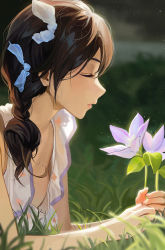 Rule 34 | 1girl, absurdres, bad id, bad twitter id, blue bow, blurry, blurry background, bow, brown hair, cozyu, depth of field, dress, closed eyes, flower, from side, hair bow, hair over shoulder, highres, holding, holding flower, lying, on stomach, original, purple flower, solo