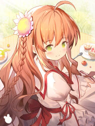 Rule 34 | 1girl, ahoge, back, back bow, backlighting, blush, bow, braid, brown hair, cake, cake slice, closed mouth, commentary, day, dress, eyelashes, flower, food, fork, frilled sleeves, frills, from behind, grass, green eyes, hair between eyes, hair flower, hair ornament, hair over shoulder, juliet sleeves, kanbe kotori, kazamatsuri institute high school uniform, leilin, long hair, long sleeves, looking at viewer, outdoors, picnic, pink dress, pink flower, puffy sleeves, red bow, red ribbon, rewrite, ribbon, school uniform, sidelocks, sitting, smile, solo, twin braids, upturned eyes, very long hair, wavy hair, wide sleeves