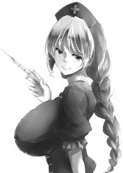 Rule 34 | 1girl, breasts, cropped torso, deetamu, eyebrows hidden by hair, from side, greyscale, hat, highres, huge breasts, long hair, looking at viewer, monochrome, nurse cap, ponytail, puffy short sleeves, puffy sleeves, short sleeves, simple background, smile, solo, syringe, touhou, upper body, wall-eyed, white background, yagokoro eirin