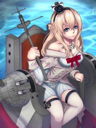 Rule 34 | 10s, 1girl, bare shoulders, blue eyes, braid, breasts, cleavage, crown, french braid, from above, garter straps, hairband, highres, holding, jewelry, kantai collection, large breasts, light brown hair, long hair, looking at viewer, looking up, machinery, mini crown, necklace, off shoulder, pleated skirt, skirt, smile, solarsadist, solo, staff, thighhighs, turret, warspite (kancolle), white thighhighs, zettai ryouiki