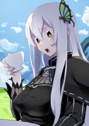 Rule 34 | 1girl, blouse, blue sky, breasts, brown eyes, cloud, colored eyelashes, cup, echidna (re:zero), eyebrows hidden by hair, grasslands, hair between eyes, hair ornament, hairclip, highres, holding, holding cup, long hair, manno (kanpi2100), open mouth, re:zero kara hajimeru isekai seikatsu, shirt, sky, solo, table, teacup, upper body, white hair