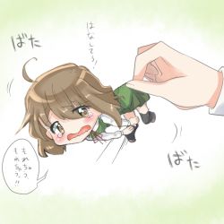 Rule 34 | 1girl, ahoge, black thighhighs, blush, brown eyes, brown footwear, brown hair, chibi, disembodied limb, embarrassed, female focus, green background, green skirt, green vest, have to pee, japanese text, kobayasi okasi, long sleeves, looking back, matching hair/eyes, mini person, minigirl, neck ribbon, open mouth, original, red ribbon, ribbon, shirt, shoes, short hair, simple background, skirt, solo, speech bubble, talking, tears, text focus, thighhighs, translation request, vest, white shirt