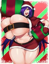 Rule 34 | 1girl, absurdres, belt, belt bra, blood, box, breasts, bursting breasts, christmas, dress, female focus, gift, gift box, gigantic breasts, hair over one eye, hat, highres, lady m (strongmoist), long hair, looking at viewer, navel, original, purple hair, red dress, santa hat, shiny skin, skindentation, solo, strongmoist, thick thighs, thighs, whale tail (clothing), wide hips, yellow eyes