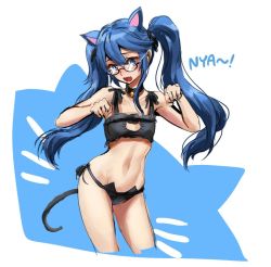 Rule 34 | 1girl, animal ears, athenawyrm, bell, neck bell, blue eyes, blue hair, blush, cat cutout, cat day, cat ear panties, cat ears, cat lingerie, cat tail, choker, cleavage cutout, clothing cutout, fang, fire emblem, fire emblem awakening, glasses, kemonomimi mode, long hair, looking at viewer, lucina (fire emblem), meme attire, navel, nintendo, open mouth, panties, paw pose, side-tie panties, solo, tail, tiara, twintails, underwear