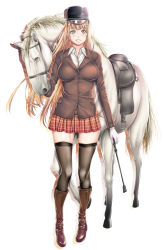 Rule 34 | 1girl, blonde hair, blue eyes, blush, boots, breasts, gloves, hat, highres, horse, knee boots, large breasts, long hair, original, riding crop, saddle, smile, solo, standing, temutemutemu, thighhighs, very long hair, zettai ryouiki