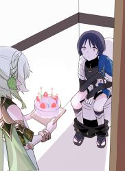 Rule 34 | 1boy, 1girl, black shirt, cake, candle, cape, dress, food, fruit, genshin impact, gradient hair, green cape, green hair, green sleeves, hair between eyes, hair ornament, highres, holding, japanese clothes, leaf hair ornament, multicolored hair, nahida (genshin impact), pointy ears, purple eyes, purple hair, ritzchrono, scaramouche (genshin impact), shirt, short hair, strawberry, surprised, toilet, toilet use, wanderer (genshin impact), white dress, white hair