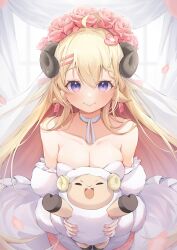 1girl absurdres alternate_costume animal_ears bare_shoulders blonde_hair breasts bride choker cleavage collarbone dress eat_some_cookie head_wreath highres holding hololive horns large_breasts long_hair looking_at_viewer purple_eyes sheep_ears sheep_girl sheep_horns smile tsunomaki_watame virtual_youtuber watamate wedding_dress white_choker