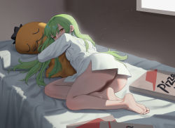 Rule 34 | 1girl, absurdres, ass, barefoot, bed, bedroom, c.c., cheese-kun, code geass, cokeanut10, food, from behind, full body, green hair, half-closed eyes, highres, holding, holding stuffed toy, indoors, legs, light particles, long hair, looking at viewer, looking back, lying, no pants, hugging object, on bed, on side, orange eyes, pizza, pizza box, pizza hut, shirt, stuffed toy, sunlight, thighs, white shirt, window