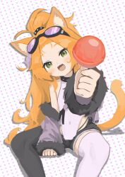 Rule 34 | 1girl, absurdres, animal ears, asymmetrical legwear, bare shoulders, candy, cat ears, cat girl, cat tail, chack520, eyewear on head, food, goggles, goggles on head, green eyes, highres, lollipop, long hair, off shoulder, open mouth, orange hair, original, polka dot, polka dot background, sitting, solo, tail, thighhighs, uneven legwear, white thighhighs