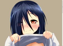 Rule 34 | 1girl, azumawari (azumofu), black hair, blush, brown background, clothes lift, commentary request, fake scrollbar, hair over one eye, holding, long hair, out-of-frame censoring, red eyes, shirt lift, solo, the ring, upper body, yamamura sadako