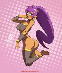 Rule 34 | 1girl, ass, bare arms, bare shoulders, barefoot, black legwear, blue eyes, blush, breasts, curvy, dark skin, dark-skinned female, earrings, embarrassed, feet, female focus, full body, halftone, halftone background, highres, hip focus, jewelry, jumping, legs, long hair, looking at viewer, medium breasts, open mouth, pink background, pointy ears, purple hair, shantae, shantae (series), solo, strapless, teeth, thighs, thong, tirnanogindustries, tongue, tube top, wide hips