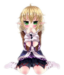 Rule 34 | 1girl, ahoge, arm warmers, bike shorts, bike shorts under skirt, blonde hair, blush, cameltoe, dress, frown, green eyes, hands on own face, highres, kayama benio, kneehighs, layered dress, looking at viewer, miniskirt, mizuhashi parsee, no shoes, pointy ears, scarf, short hair, short sleeves, shorts, shorts under skirt, simple background, sitting, skirt, socks, solo, touhou, wariza, white background