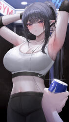 Rule 34 | 1girl, 1other, absurdres, armpits, black hair, black pants, blue archive, blue eyes, blue hair, blush, breasts, can, cleavage, collarbone, colored inner hair, highres, holding, holding can, indoors, kkukki, large breasts, long hair, multicolored hair, navel, open mouth, pants, pointy ears, rin (blue archive), solo focus, sweat, tank top, white tank top