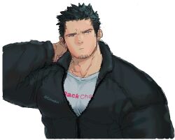 Rule 34 | 1boy, bara, black hair, cropped torso, facial hair, goatee stubble, half-closed eyes, hand on own neck, jacket, large pectorals, layered skirt, light frown, male focus, mature male, muscular, muscular male, nogitu, original, partially unzipped, pectorals, sanpaku, short hair, sketch, skirt, solo, stubble, thick eyebrows
