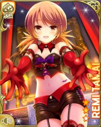 Rule 34 | 1girl, :d, arms out, bat wings, black bra, black shorts, black thighhighs, bow, bra, brown eyes, brown hair, card (medium), demon girl, fake wings, girlfriend (kari), gloves, halloween, halloween costume, looking at viewer, low twintails, night, official art, open mouth, purple bow, qp:flapper, red gloves, shorts, smile, solo, standing, tagme, tamai remi, thighhighs, twintails, underwear, wings, zettai ryouiki