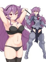 Rule 34 | 1girl, armor, armored boots, armpits, arms behind head, arms up, black bra, black panties, black thighhighs, blush, boots, bra, breastplate, breasts, cleavage, closed mouth, commentary request, curvy, disgaea, eyelashes, frown, gauntlets, hair between eyes, hairband, heavy knight (disgaea), highres, holding, holding weapon, long hair, looking at viewer, navel, nude, panties, pink eyes, pointy ears, polearm, purple hair, sanryuu (rjjk5222), skindentation, standing, stomach, sweatdrop, thick thighs, thighhighs, thighs, underwear, very long hair, wavy hair, weapon, white background