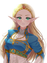 Rule 34 | 1girl, absurdres, artist name, backlighting, blonde hair, blush, breasts, circlet, colored eyelashes, commentary, english commentary, eyelashes, forehead, gem, highres, lens flare, long hair, long sleeves, maen.chan, medium breasts, nintendo, pointy ears, princess zelda, simple background, solo, straight hair, the legend of zelda, the legend of zelda: breath of the wild, triforce, upper body, v-shaped eyebrows, very long hair, white background