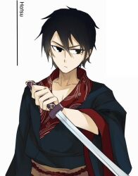 Rule 34 | 1boy, black eyes, black hair, closed mouth, hatsu (tower of god), long hair, serious, simple background, solo, sword, tower of god, weapon, white background