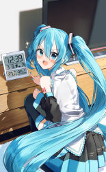Rule 34 | 1girl, 39, :d, absurdres, black skirt, black sleeves, black thighhighs, blue eyes, blue hair, blue nails, blush, clock, commentary request, detached sleeves, digital clock, flat screen tv, from behind, hair between eyes, hatsune miku, highres, indoors, long hair, long sleeves, looking at viewer, looking back, nail polish, number pun, open mouth, partial commentary, pentagon (railgun ky1206), pleated skirt, pointing, shirt, skirt, sleeveless, sleeveless shirt, smile, solo, sparkle, squatting, television, thighhighs, twintails, v-shaped eyebrows, very long hair, vocaloid, white shirt, wide sleeves