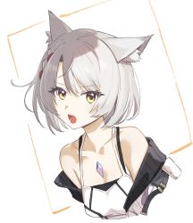 Rule 34 | 1girl, animal ear fluff, animal ears, bare shoulders, braid, breasts, cat ears, chest jewel, cleavage, collarbone, eyes visible through hair, gem, hair between eyes, highres, jacket, mio (xenoblade), multicolored hair, off-shoulder jacket, off shoulder, open clothes, open jacket, open mouth, red hair, shirt, short hair, silver hair, simple background, small breasts, solo, tank top, teeth, tugo, two-tone hair, upper body, white background, white jacket, white shirt, xenoblade chronicles (series), xenoblade chronicles 3, yellow eyes