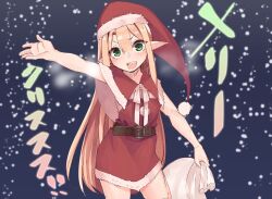 Rule 34 | 1girl, aria (fuurin), blonde hair, breath, dress, elf, fur-trimmed dress, fur-trimmed headwear, fur trim, fuurin (tukimitake), green eyes, hat, holding, holding sack, long hair, night, original, outdoors, outstretched arm, pointy ears, pom pom (clothes), sack, santa costume, santa hat, snow, solo, very long ears, very long hair