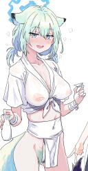Rule 34 | 1girl, alcohol, animal ears, aqua hair, blue archive, blue eyes, bottle, breasts, clearite, colored pubic hair, cup, female pubic hair, fundoshi, halo, happi, highres, holding, holding cup, japanese clothes, large breasts, low twintails, navel, pubic hair, sake, sake bottle, shigure (blue archive), simple background, squeans, twintails, wet, wet clothes, white background