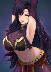 Rule 34 | 1girl, absurdres, alternate costume, armpits, belt, black bra, black hair, bra, breasts, circlet, cleavage, commission, commissioner upload, cosplay, cowboy shot, curvy, eyeshadow, fire emblem, fire emblem: the blazing blade, fire emblem echoes: shadows of valentia, gloves, gold trim, highres, jewelry, labebebe lee, large breasts, leaning forward, lips, lipstick, long hair, looking at viewer, makeup, mature female, midriff, narrow waist, nintendo, non-web source, pelvic curtain, solo, sonia (fire emblem: the blazing blade), sonya (fire emblem gaiden), sonya (fire emblem gaiden) (cosplay), thighs, tongue, tongue out, underwear, yellow eyes