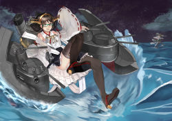 Rule 34 | 10s, 2girls, :d, afloat, black eyes, black hair, blurry, boots, depth of field, detached sleeves, glasses, gnity, hairband, hiei (kancolle), high heel boots, high heels, horizon, kantai collection, kirishima (kancolle), machinery, multiple girls, night, night sky, nontraditional miko, ocean, open mouth, panties, pantyshot, short hair, sky, smile, star (sky), starry sky, thigh boots, thighhighs, turret, underwear, white panties