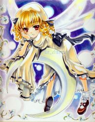 Rule 34 | 1girl, at classics, blonde hair, crescent, dress, fairy, female focus, flower, frilled dress, frills, full body, gradient background, hat, luna child, marker (medium), plant, red eyes, sample watermark, short hair, smile, solo, touhou, traditional media, watermark, white background, wings