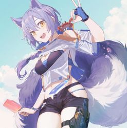 Rule 34 | 1girl, animal ears, arknights, bikini, bikini under clothes, black shorts, blue gloves, blue sky, braid, breasts, brown eyes, cleavage, cloud, cowboy shot, crab, fingerless gloves, food, gloves, hair between eyes, highres, hip vent, holding, holding food, ji mag (artist), large tail, layered bikini, long hair, looking at viewer, medium breasts, navel, official alternate costume, open mouth, outdoors, popsicle, provence (arknights), provence (casual vacation) (arknights), purple hair, shirt, short shorts, short sleeves, shorts, single glove, sky, smile, solo, standing, swimsuit, swimsuit under clothes, tail, thighs, white shirt, wolf ears, wolf tail