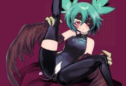 Rule 34 | 1girl, @ @, absurdres, asymmetrical clothes, bare shoulders, black feathers, black wings, blush, bodysuit, censored, commission, crotch zipper, eyepatch, feathered wings, feathers, green hair, harpy, highres, indie virtual youtuber, leg up, light censor, lincoro, long bangs, looking at viewer, monster girl, pixiv commission, pussy juice, red eyes, ryuu tou, short twintails, single pantsleg, single thighhigh, skin tight, sleeveless, solo, thighhighs, twintails, virtual youtuber, winged arms, wings, zipper