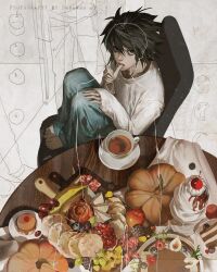 Rule 34 | 1boy, apple, bags under eyes, barefoot, black eyes, black hair, cake, cup, death note, denim, finger to mouth, food, from above, fruit, full body, grapes, highres, jeans, l (death note), long sleeves, looking at viewer, male focus, messy hair, pants, pinecone, pumpkin, qvlv kuzi feichuan, red apple, shirt, short hair, simple background, sitting, solo, squatting, table, tea, teacup, watermark, white background, white shirt
