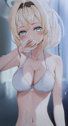 Rule 34 | 1girl, absurdres, bikini, blonde hair, blue eyes, blush, breasts, cleavage, covering own mouth, crossed bangs, fingernails, hand up, highres, hololive, kazama iroha, long fingernails, looking at viewer, medium breasts, navel, ponytail, sidelocks, solo, swimsuit, upper body, virtual youtuber, wet, white bikini, yamamoto (ymmt is sexy)
