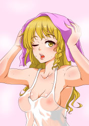 Rule 34 | 1girl, after bathing, blonde hair, blush, braid, breasts, drying, drying hair, covered erect nipples, hand up, highres, kirisame marisa, long hair, looking at viewer, medium breasts, naked shirt, nipples, one eye closed, open mouth, pink background, shiraue yuu, shirt, side braid, solo, spaghetti strap, steam, touhou, towel, towel on head, upper body, wet, yellow eyes