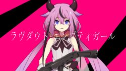 Rule 34 | 1other, bare shoulders, black gloves, blue eyes, collar, commentary, empty eyes, fingerless gloves, gloves, gun, holding, holding gun, holding weapon, horns, japanese clothes, long hair, meika hime, pink hair, red collar, shirt, shitoo, sleeveless, sleeveless shirt, solo, song name, translated, twintails, upper body, very long hair, vocaloid, weapon, white shirt, wide sleeves
