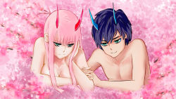 Rule 34 | 10s, 1boy, 1girl, albyee, black hair, blue horns, breasts, cherry blossoms, collarbone, commentary, couple, darling in the franxx, english commentary, green eyes, hand on own face, hetero, hiro (darling in the franxx), holding hands, horns, interlocked fingers, long hair, medium breasts, oni horns, pink hair, red horns, short hair, spoilers, topless male, zero two (darling in the franxx)