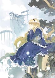Rule 34 | 1girl, absurdres, black footwear, blonde hair, blue dress, blush, bridge, cliff, closed mouth, corset, dress, from side, green eyes, hairband, highres, house, leaf, long hair, long sleeves, multiple torii, outdoors, profile, scan, shoes, sitting, smile, solo, torii, tree, ueda ryou, very long hair