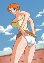 Rule 34 | 1girl, ass, breasts, clenched teeth, clothes lift, cloud, going merry, jaya, large breasts, legs, looking back, nami (one piece), one piece, orange hair, outdoors, panties, pantyshot, pirate, short hair, skirt, skirt lift, sky, smile, solo, standing, tank top, tattoo, teeth, thighs, underwear, white panties, x bokkis