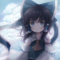Rule 34 | 1girl, alternate color, bare shoulders, black hair, blue bow, blue eyes, blue shirt, blue skirt, blue sky, blush, bow, cloud, cloudy sky, collar, collared shirt, detached sleeves, hair between eyes, hair ornament, hair tubes, hakurei reimu, highres, long sleeves, looking at viewer, open mouth, player 2, shadow, shirt, short hair, skirt, sky, solo, touhou, upper body, user dpzr3725, white sleeves, wide sleeves