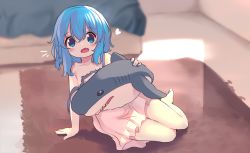 Rule 34 | 1girl, aoi tori, bare arms, bare legs, barefoot, blue eyes, blue hair, blush, carpet, collarbone, commentary, dress, fang, full body, hair between eyes, heart, highres, holding, holding stuffed toy, indoors, legs together, looking at viewer, lying, medium hair, notice lines, on ground, open mouth, original, pink dress, shark, single bare shoulder, skin fang, smile, solo, strap slip, stuffed animal, stuffed shark, stuffed toy, teru-chan (aoi tori)