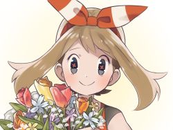 Rule 34 | 1girl, blue eyes, blush, bouquet, brown hair, creatures (company), flower, flower-shaped pupils, game freak, hair ribbon, looking at viewer, may (pokemon), may (pokemon oras), nintendo, numbers (pigpenandpaper), pokemon, pokemon oras, portrait, red ribbon, ribbon, simple background, sleeveless, smile, solo, symbol-shaped pupils, white background