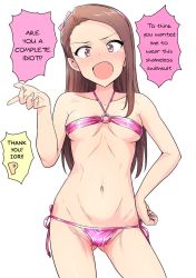 Rule 34 | 1girl, bandeau, bikini, blush, breasts, brown hair, collarbone, commentary request, fang, furrowed brow, gluteal fold, hand on own hip, hard-translated, highres, idolmaster, idolmaster (classic), jpeg artifacts, long hair, minase iori, navel, o-ring, o-ring bikini, o-ring top, open mouth, partially visible vulva, pink bikini, red eyes, simple background, small breasts, solo, swimsuit, third-party edit, translated, tsurui, underboob, white background