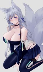 Rule 34 | 1girl, absurdres, animal ear fluff, animal ears, azur lane, bare shoulders, black choker, blue eyes, blue skirt, blue thighhighs, breasts, butterfly tattoo, choker, cleavage, collarbone, commentary request, feet out of frame, fox ears, fox girl, fox tail, frilled skirt, frills, grey hair, hair ornament, hair over shoulder, highres, large breasts, leotard, nanako94418108, official alternate costume, parted lips, race queen, sagging breasts, seiza, shadow, shinano (aircraft carrier), shinano (azur lane), shinano (moonlit chrome) (azur lane), simple background, sitting, skirt, solo, tail, tattoo, teeth, thighhighs, white background