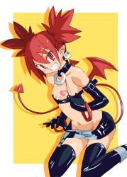 Rule 34 | 1girl, bat wings, boots, braid, buckle, choker, clothes pull, collarbone, commentary, demon girl, demon tail, disgaea, earrings, elbow gloves, etna (disgaea), fang, flat chest, gloves, graphite (medium), grin, hair between eyes, heart pasties, jewelry, looking at viewer, millipen (medium), miniskirt, navel, o-ring, o-ring choker, onnaski, pasties, pointy ears, red eyes, red hair, shadow, sidelocks, sitting, skirt, skirt pull, skull earrings, smile, solo, spaghetti strap, tail, teeth, thighhighs, top pull, traditional media, twintails, wariza, wings