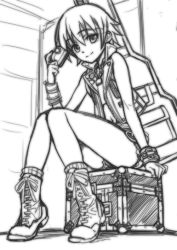 Rule 34 | 1girl, boots, camera, greyscale, light smile, looking at viewer, matsuryuu, monochrome, navel, pectorals, short hair, sitting, sleeveless, solo, treasure chest